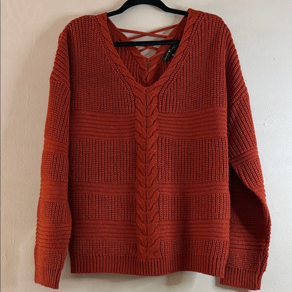 Derek Heart Plus Rust Orange Cable Knit Crisscross V-Neck Sweater - Size XL